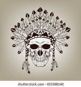 Skull in indian hat illustration