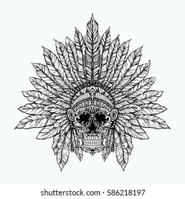 skull Indian head drawing sketch line art no color