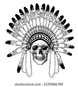 Skull in  indian traditional headdress a full face. Halloween. Vintage engraving stylized drawing. Vector illustration