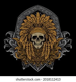 skull indian vector illustration with engraving style