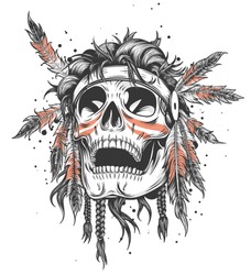 Skull Of An Indian Warrior Vector Illustration. War Paint And Native American Feathers Headwear. Isolated On White.
