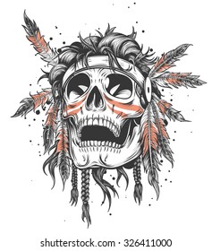 Skull of an indian warrior vector illustration. War paint and native american feathers headwear. Isolated on white.