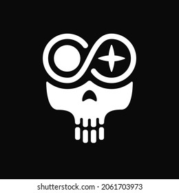 Skull infinite logo concept. black and white. simple, scary, modern and cartoon logotype. suitable for logo, icon, symbol, emblem and sign. best for t shirt design