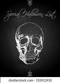 Skull Ink Drawing Over Chalkboard Background - Halloween Poster List