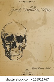 Skull Ink Drawing Over Old And Stained Craft Paper - Halloween Menu