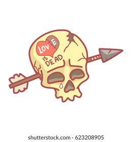 Skull with inscription love is dead pierced by arrow. Colorful cartoon illustration