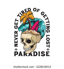 Skull and the inscription 'never get tired of getting lost'. Design for printing on t-shirts, stickers and more. Vector.