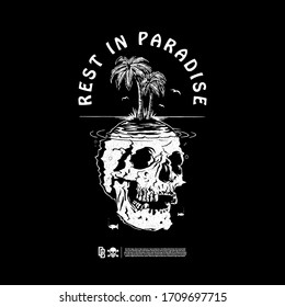 Skull and the inscription rest in paradise. Design for printing on t-shirts, stickers and more. Vector.