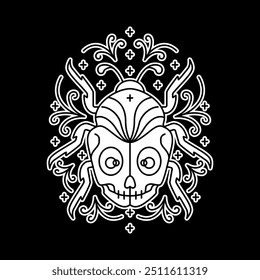 skull with insect art line shirt design vector