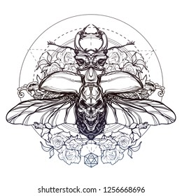 skull and Insect beetle.Vector illustration isolated graphic style Sketch for tattoo, hipster t-shirt design, vintage style posters. Decorative element grunge vintage style.