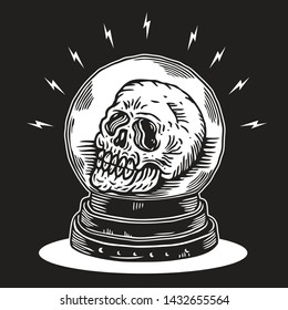 Skull Inside Crystal Ball Vector Illustration in Hand Drawing Style