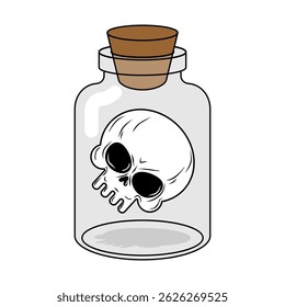 Skull inside glass jar. Alchemical experiment. Ancient spells. Witch's vessel