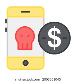 Skull inside mobile with dollar, icon of hacked money