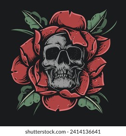 skull inside red rose illustration