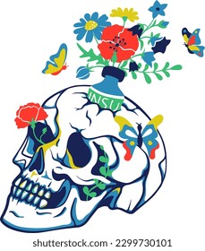 Frasco de calavera e insulina con flores y mariposas azules. Sociedad de Páncreas Muerto. Diabetes tipo 1. Conciencia sobre T1D