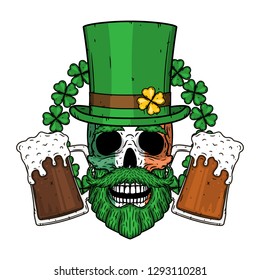 Schädel. Irischer Schädel. Der Schädel von Saint Patrick's mit grünem Hut, Glas Bier und Kleeblatt. 