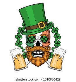 Skull. Irish skull. Saint Patrick's skull with green hat, glass beer and clover leaves. 