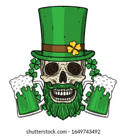 Calavera. Calavera irlandesa. El cráneo de San Patricio con sombrero verde, cerveza de cristal y hojas de trébol. Ilustración del Día de los Patrocinadores.