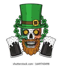 Skull. Irish skull. The skull of Saint Patrick's with green hat, glass beer and clover leaves. Saint Patricks Day illustration.