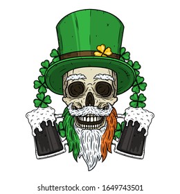 Skull. Irish skull. The skull of Saint Patrick's with green hat, glass beer and clover leaves. Saint Patricks Day illustration.