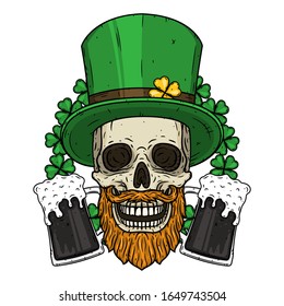 Skull. Irish skull. The skull of Saint Patrick's with green hat, glass beer and clover leaves. Saint Patricks Day illustration.