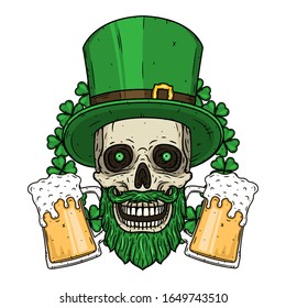 Skull. Irish skull. The skull of Saint Patrick's with green hat, glass beer and clover leaves. Saint Patricks Day illustration.