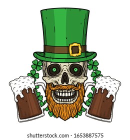 Skull. Irish skull. The skull of Saint Patrick's with green hat, glass beer and clover leaves. Saint Patricks Day illustration.