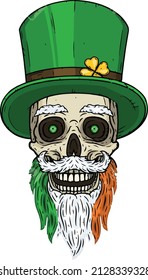 Skull. Irish skull. The skull of Saint Patrick's with green hat, glass beer and clover leaves.