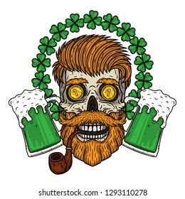 Skull. Irish skull. The skull of Saint Patrick's with pipe, glass beer and clover leaves. 