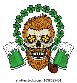 Skull. Irish skull. The skull of Saint Patrick's with pipe, glass beer and clover leaves. 