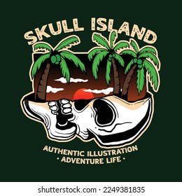 a skull island with a coconut tree and sunset sky illustration