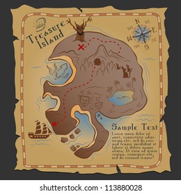 Skull island pirate treasure map vector illustration