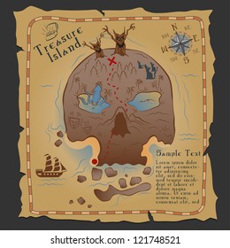 Skull island pirate treasure map vector illustration