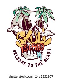 skull island slogan in skull mounth and palm trees graphic hand drawn vector illustration