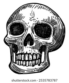 skull isolated on white background hand-drawn sketch card design element line art detailed vector illustration ink object