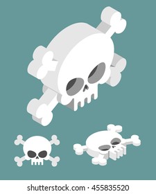 Skull isometric set. Head of skeleton and crossbones
