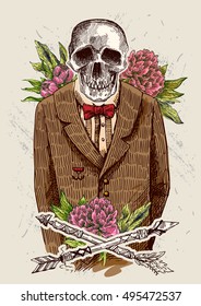 Skull  in jacket. Vector illustration for greeting card, poster, or print on clothes. Fashion Style drawing. Hipster.