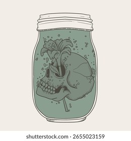 Skull in a jar. Hand drawn sketch. Vector illustration