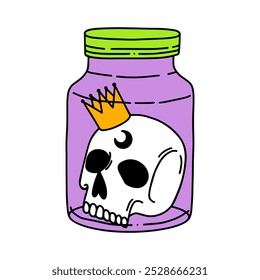 Skull in a jar. Vector Halloween hand drawn illustration. Happy Halloween clipart in purple and green colors in Y2K style