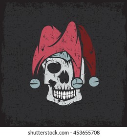 skull in jester cap grunge vector design template