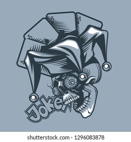 Skull joker on the background of playing cards. Tattoo style.