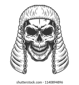 Skull in the judge wig. Vector illustration