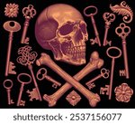 The skull and the keys. Design set. Editable hand drawn illustration. Vector vintage engraving. Isolated on black background. 8 EPS