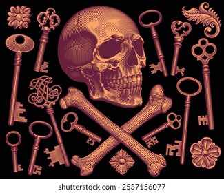 The skull and the keys. Design set. Editable hand drawn illustration. Vector vintage engraving. Isolated on black background. 8 EPS