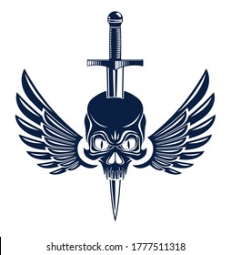 Calavera asesinada por un cuchillo daga con alas emblema vintage o logotipo aislado en escudo de armas blanco, de estilo vintage, crimen de señas de pandillas, tatuaje de estilo clásico.