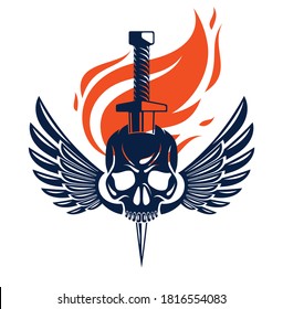 Calavera asesinada por un cuchillo con alas y llamas emblema vintage o logo aislado en escudo de armas blanco, estilo vintage, crimen de señas de pandillas, tatuaje de estilo clásico.