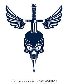 Skull killed by a dagger knife with wings vintage vector emblem or logo isolated on white, vintage style coat of arms crest, gang sign criminality, classic style tattoo.