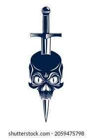 Skull killed by a dagger knife vintage vector emblem or logo isolated on white, vintage style coat of arms crest, gang sign criminality, classic style tattoo.