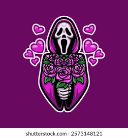 Skull Killer In Love Give a Roses Mascot Vector Illustration is perfect for your brand business