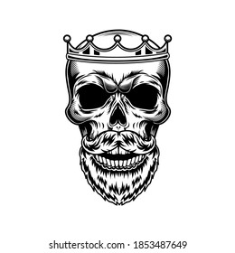 Skull of king with beard vector illustration. Head of skeleton in royal crown. Monarchy or jewelry concept for emblems or tattoo templates